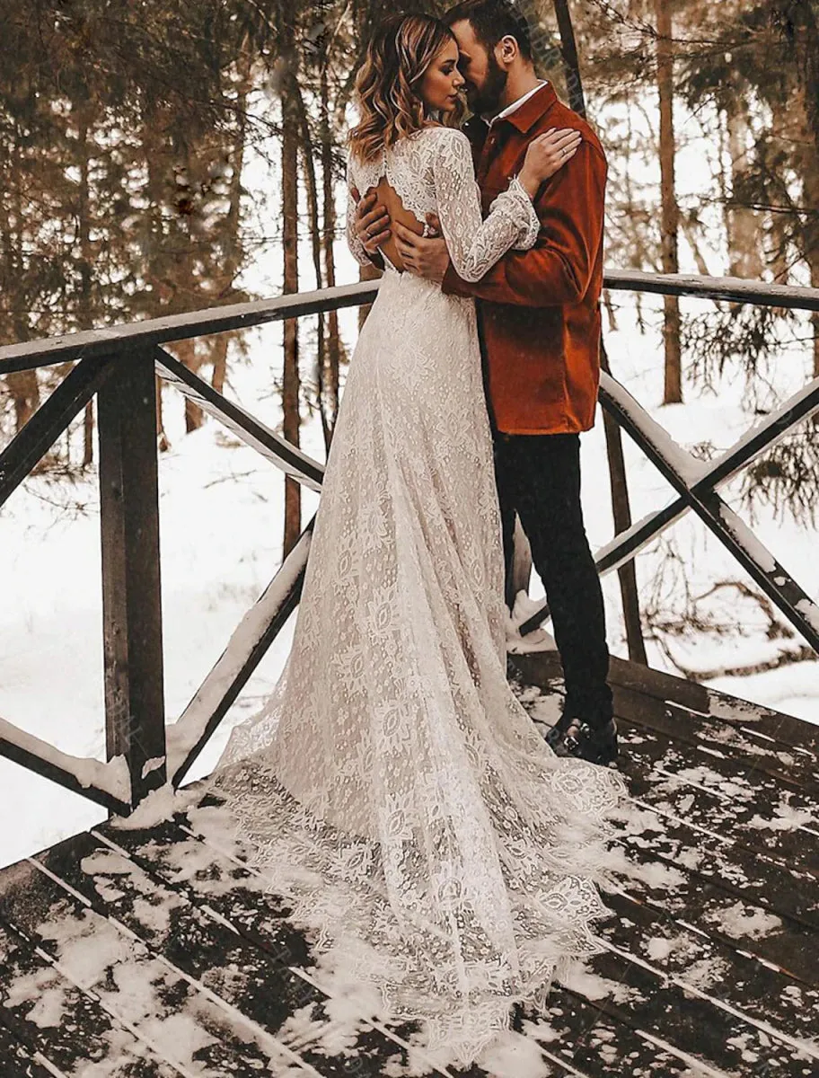 A-Line Fall Wedding Dresses Ankle Length Vintage Little White Dresses Long Sleeve V Neck Chiffon Outdoor Bridal Gowns With Solid Color