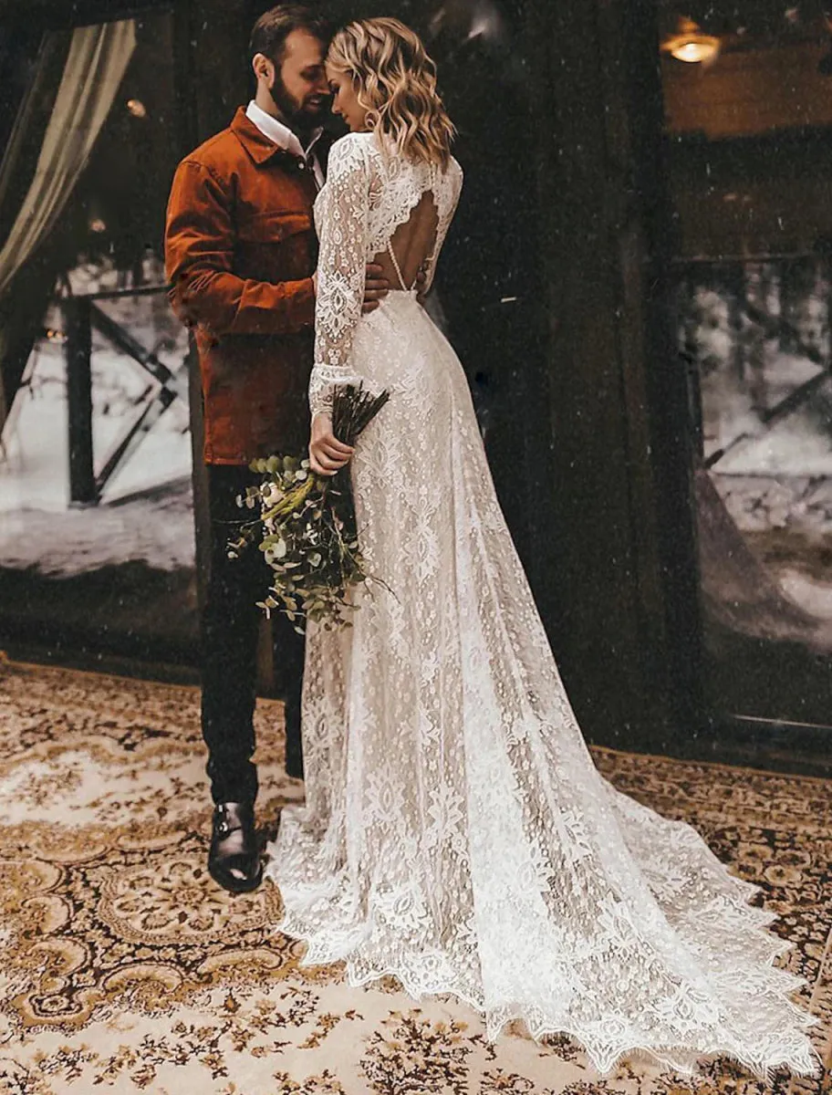 A-Line Fall Wedding Dresses Ankle Length Vintage Little White Dresses Long Sleeve V Neck Chiffon Outdoor Bridal Gowns With Solid Color