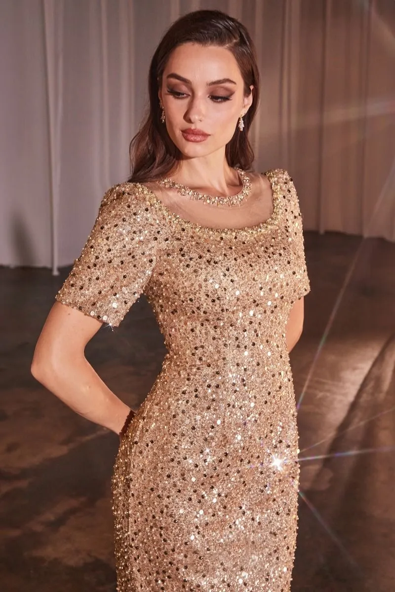 Cap Sleeves Fitted Sequin Scoop Neck Long Mother Of The Bride Dress CDCB151