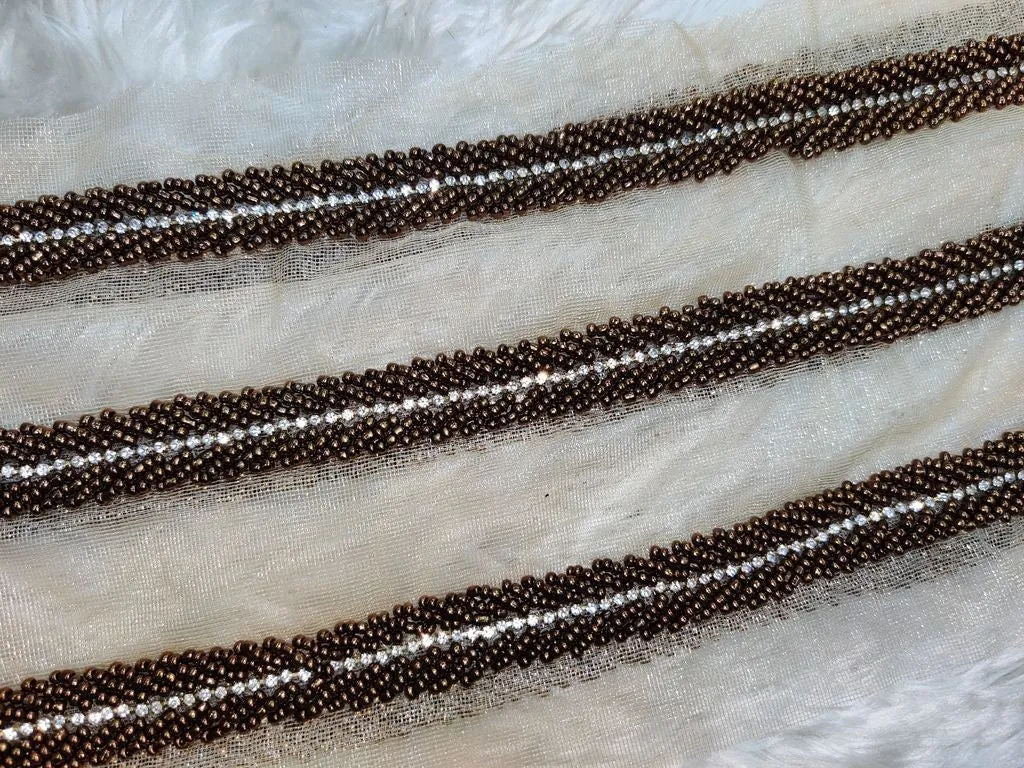 Dark Brown Designer Pearl Work Embroidered Border