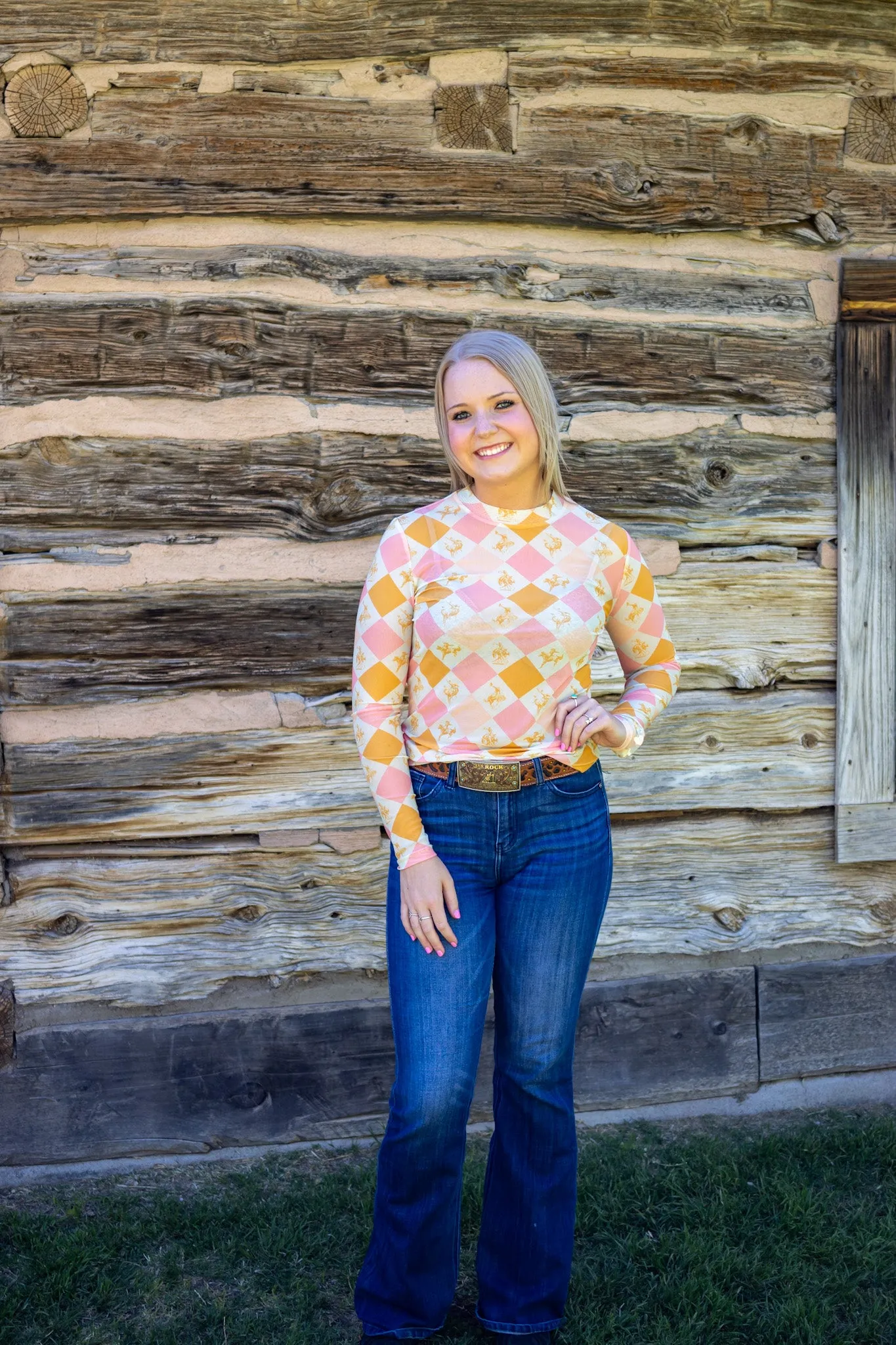 Diamond bronc print long sleeve mesh top