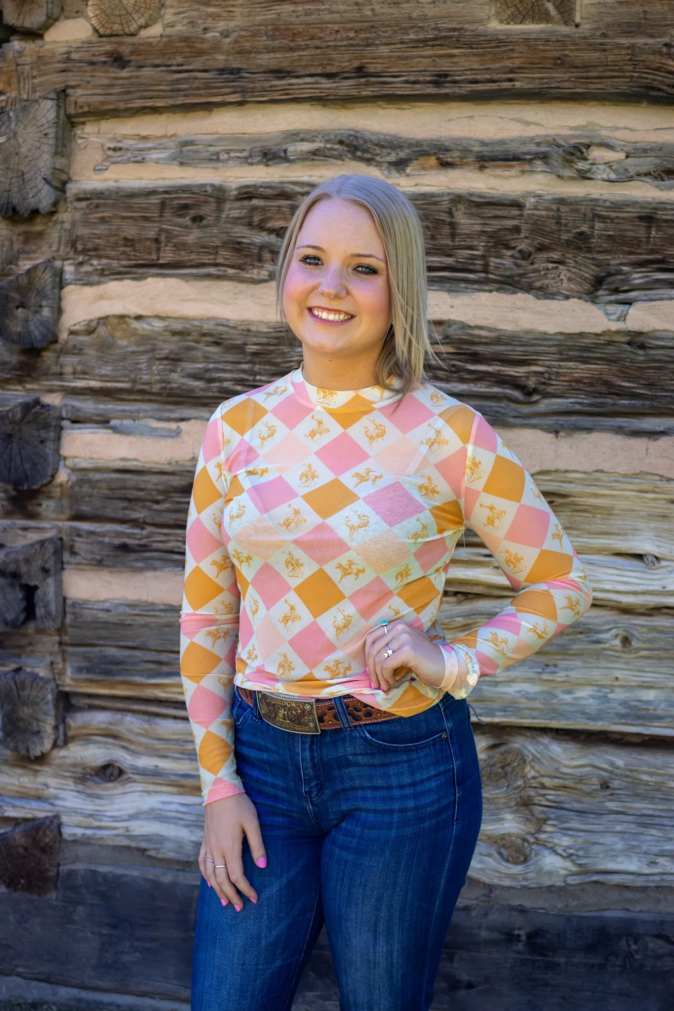 Diamond bronc print long sleeve mesh top