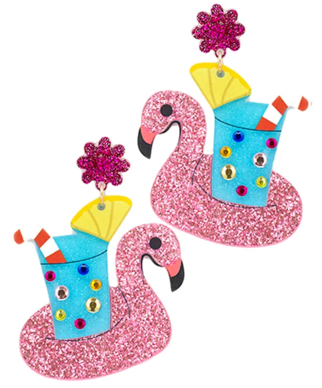 Glitter Flamingo & Drink Earrings