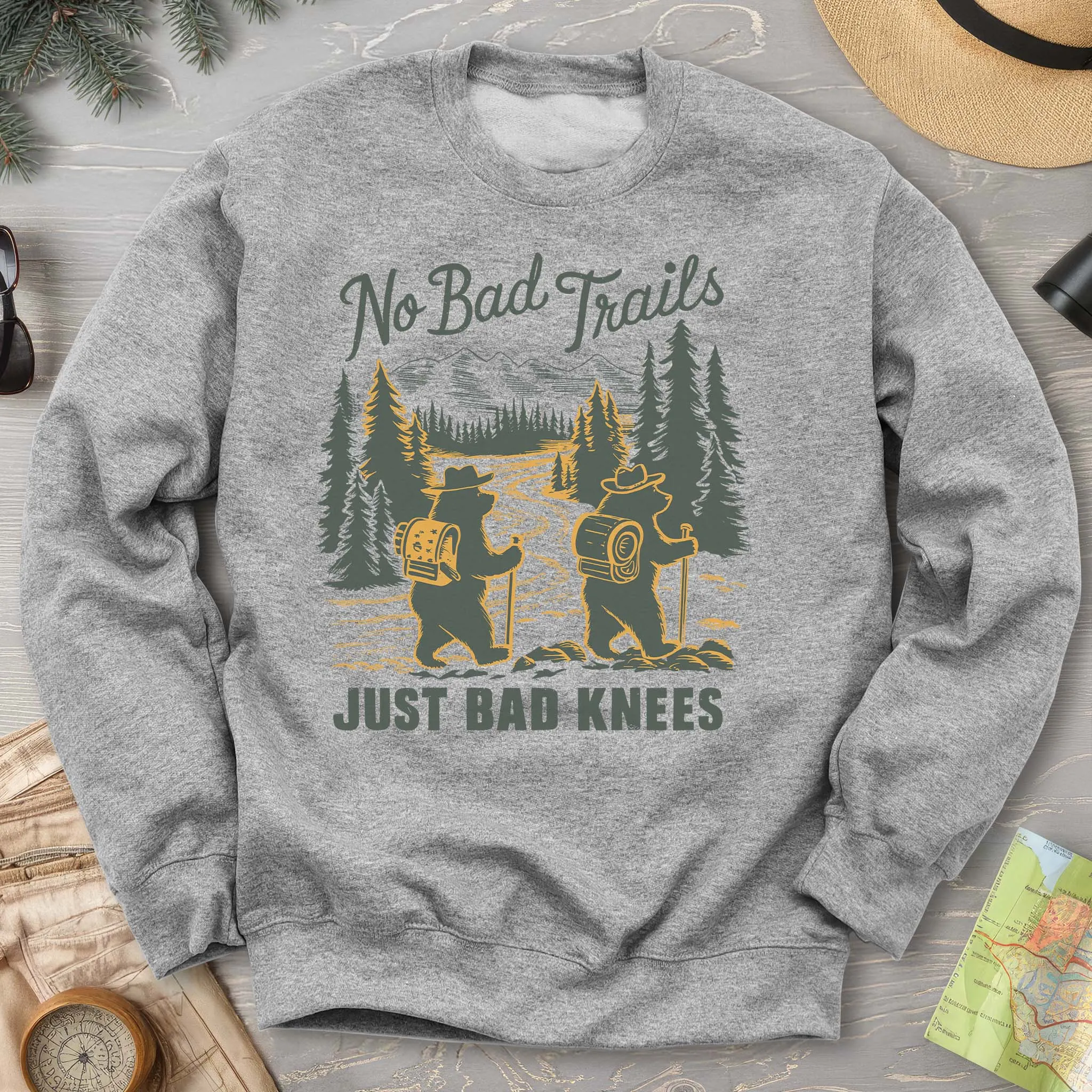 No Bad Trails Just Bad Knees Funny Hiking Crewneck Sweatshirt