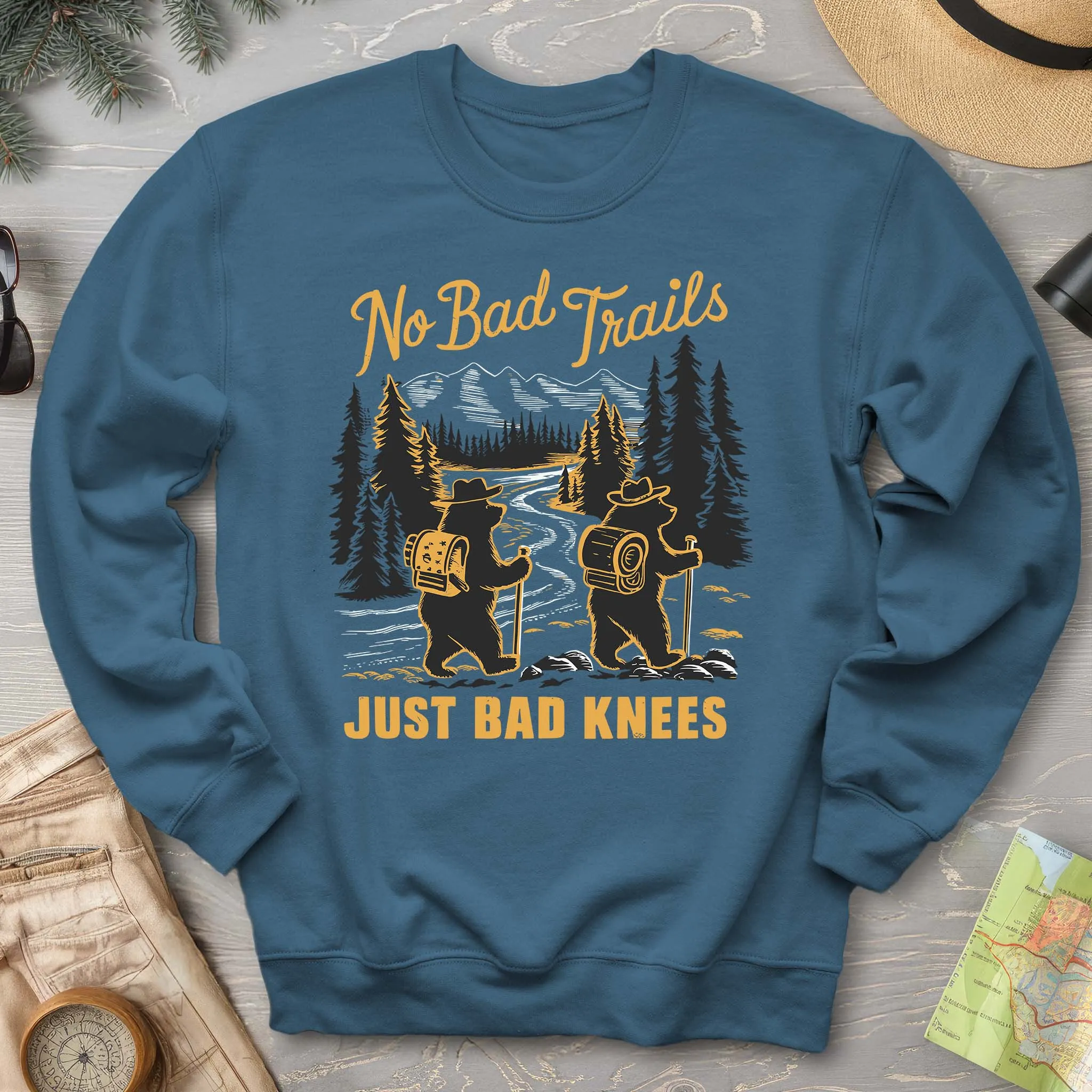 No Bad Trails Just Bad Knees Funny Hiking Crewneck Sweatshirt