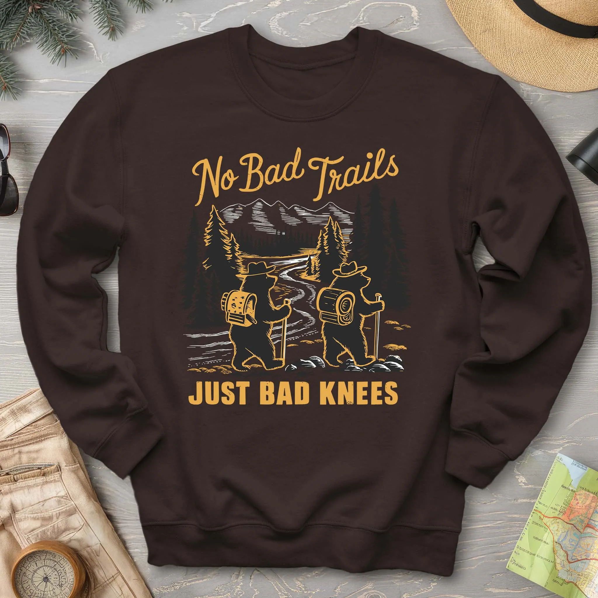 No Bad Trails Just Bad Knees Funny Hiking Crewneck Sweatshirt