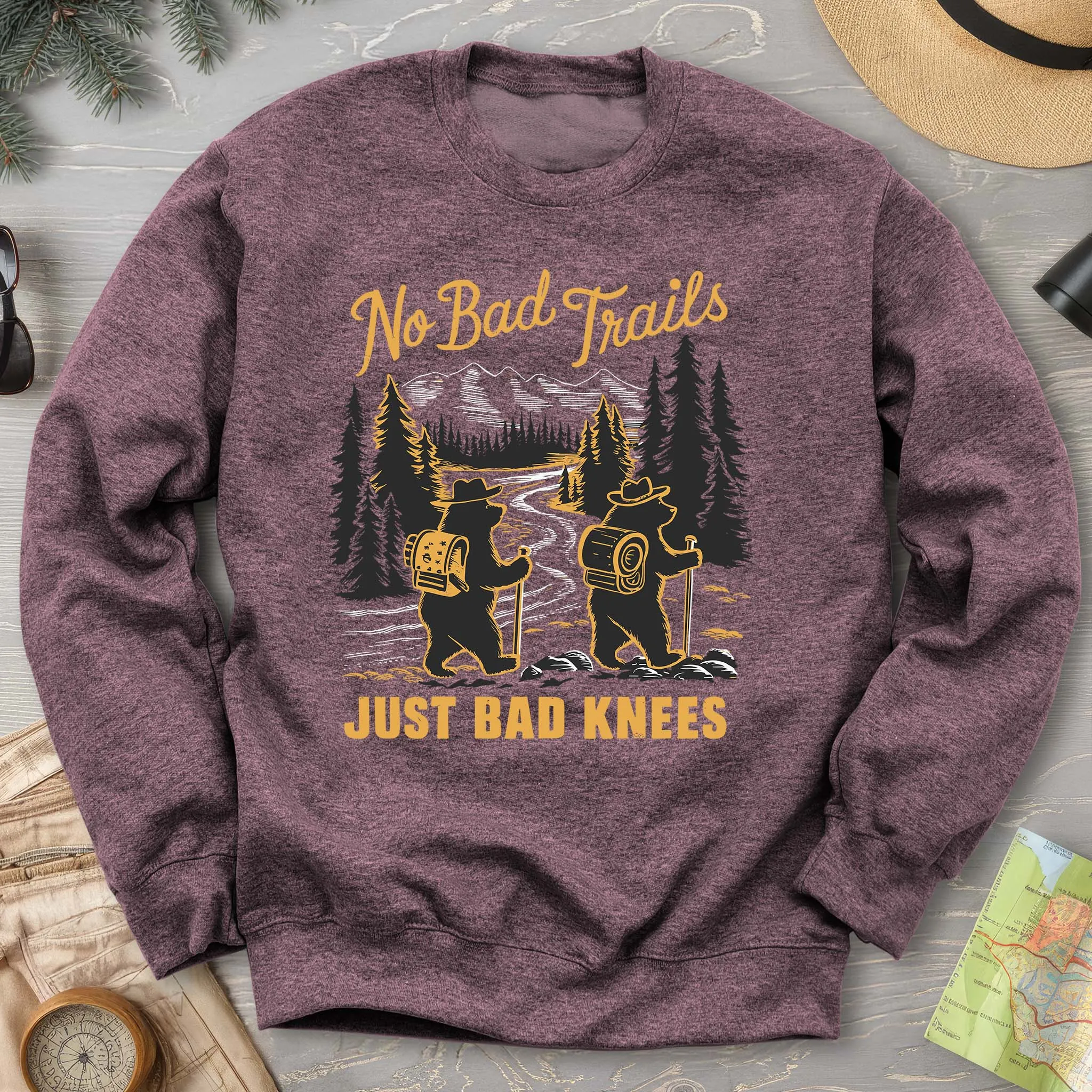 No Bad Trails Just Bad Knees Funny Hiking Crewneck Sweatshirt