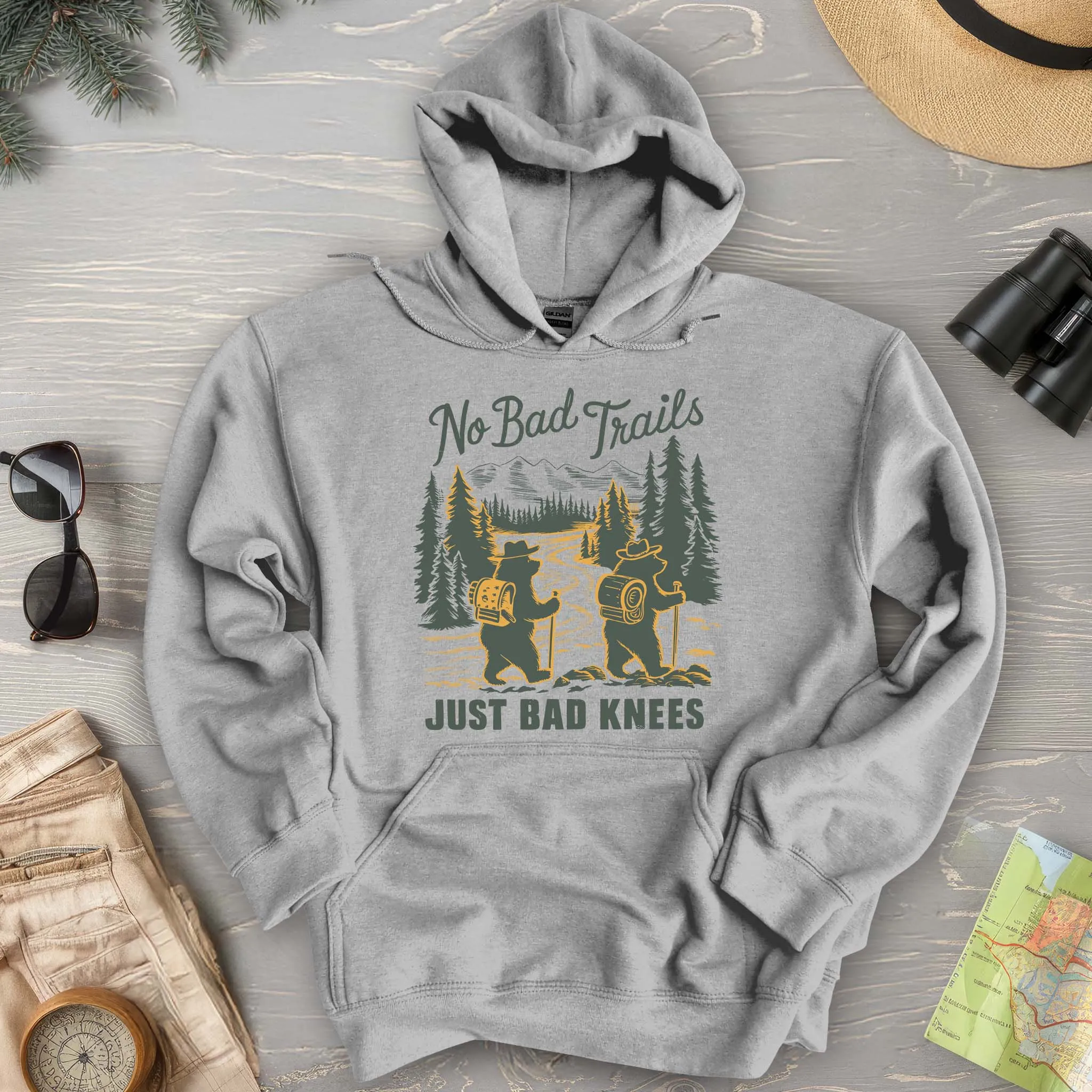 No Bad Trails Just Bad Knees Funny Hiking Hoodie