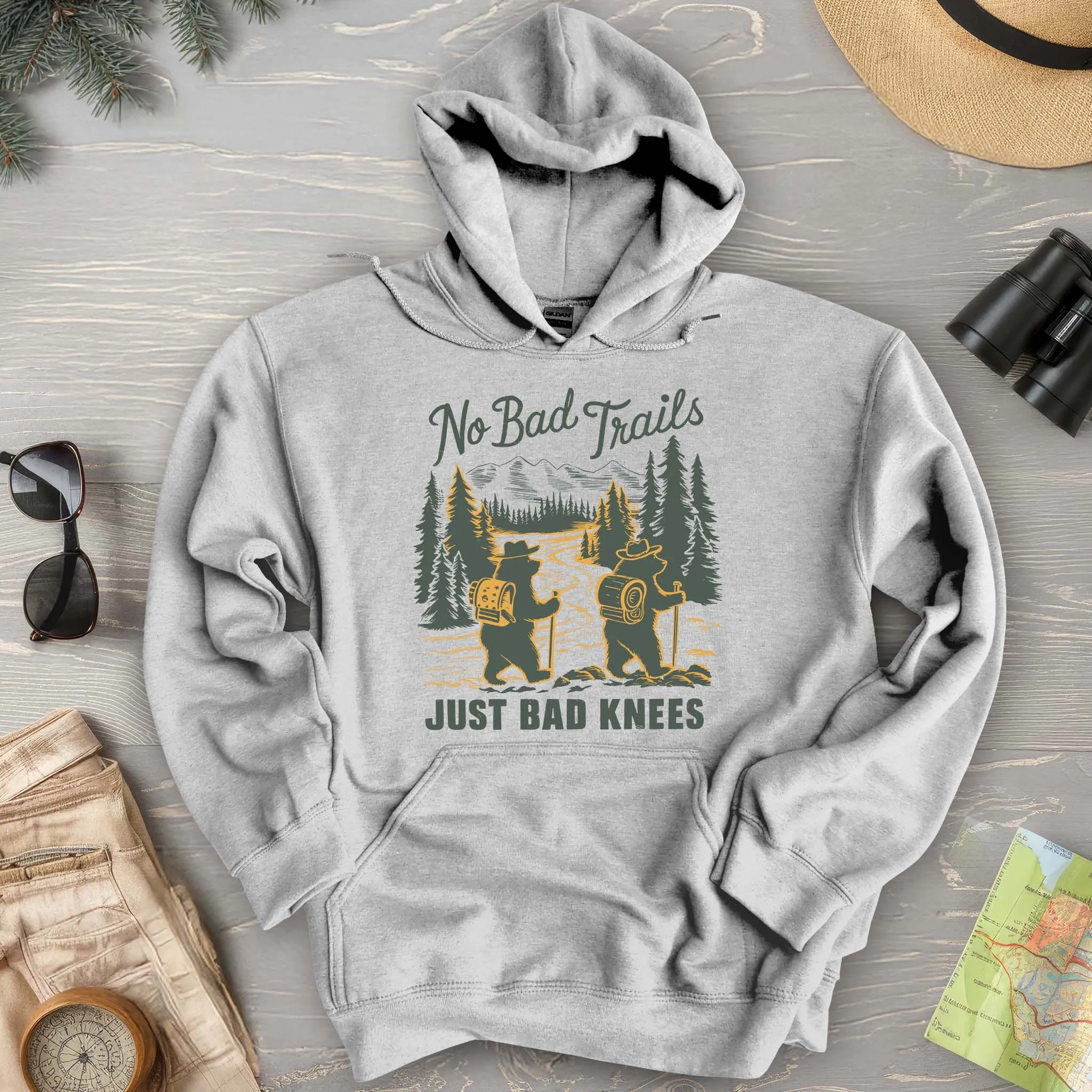 No Bad Trails Just Bad Knees Funny Hiking Hoodie