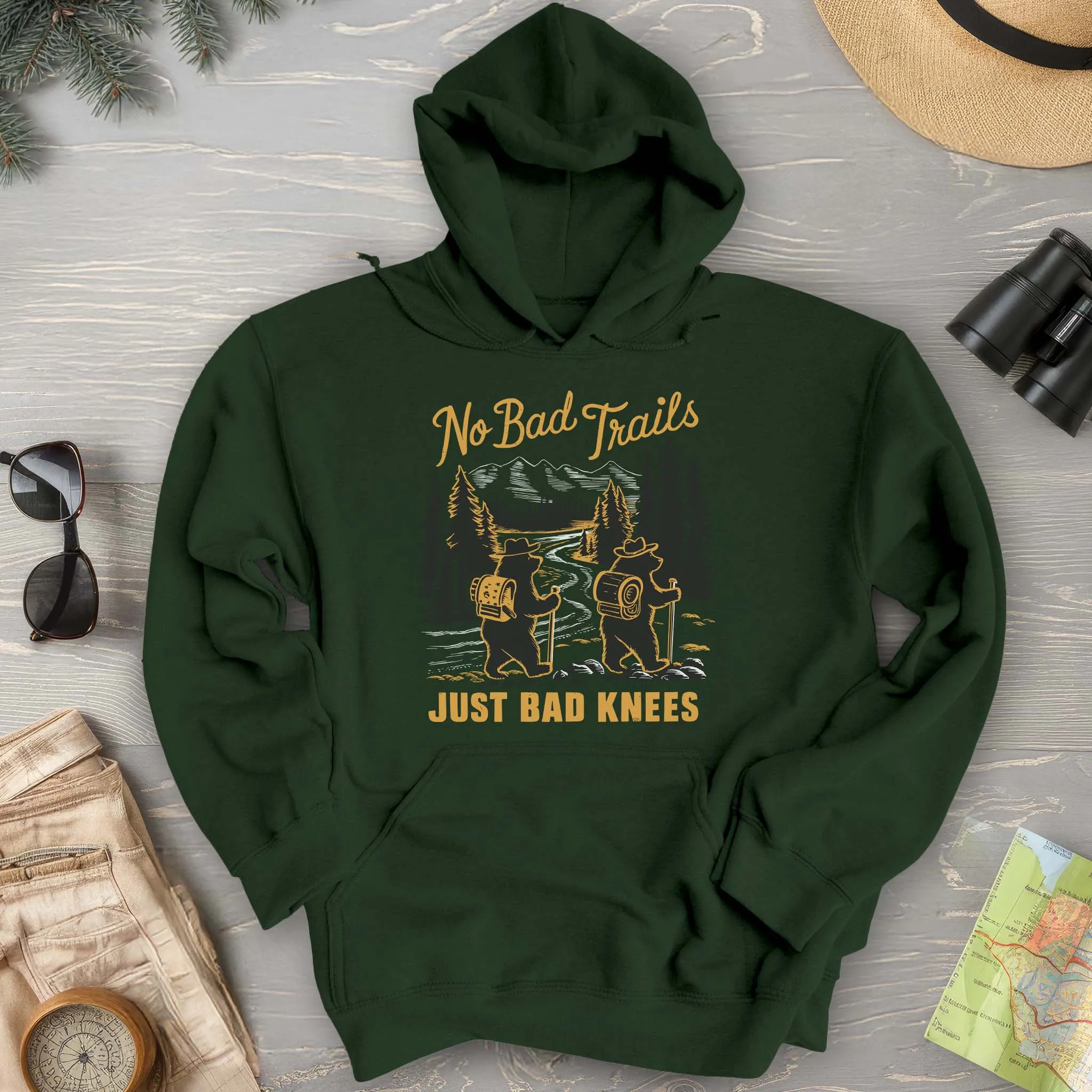 No Bad Trails Just Bad Knees Funny Hiking Hoodie