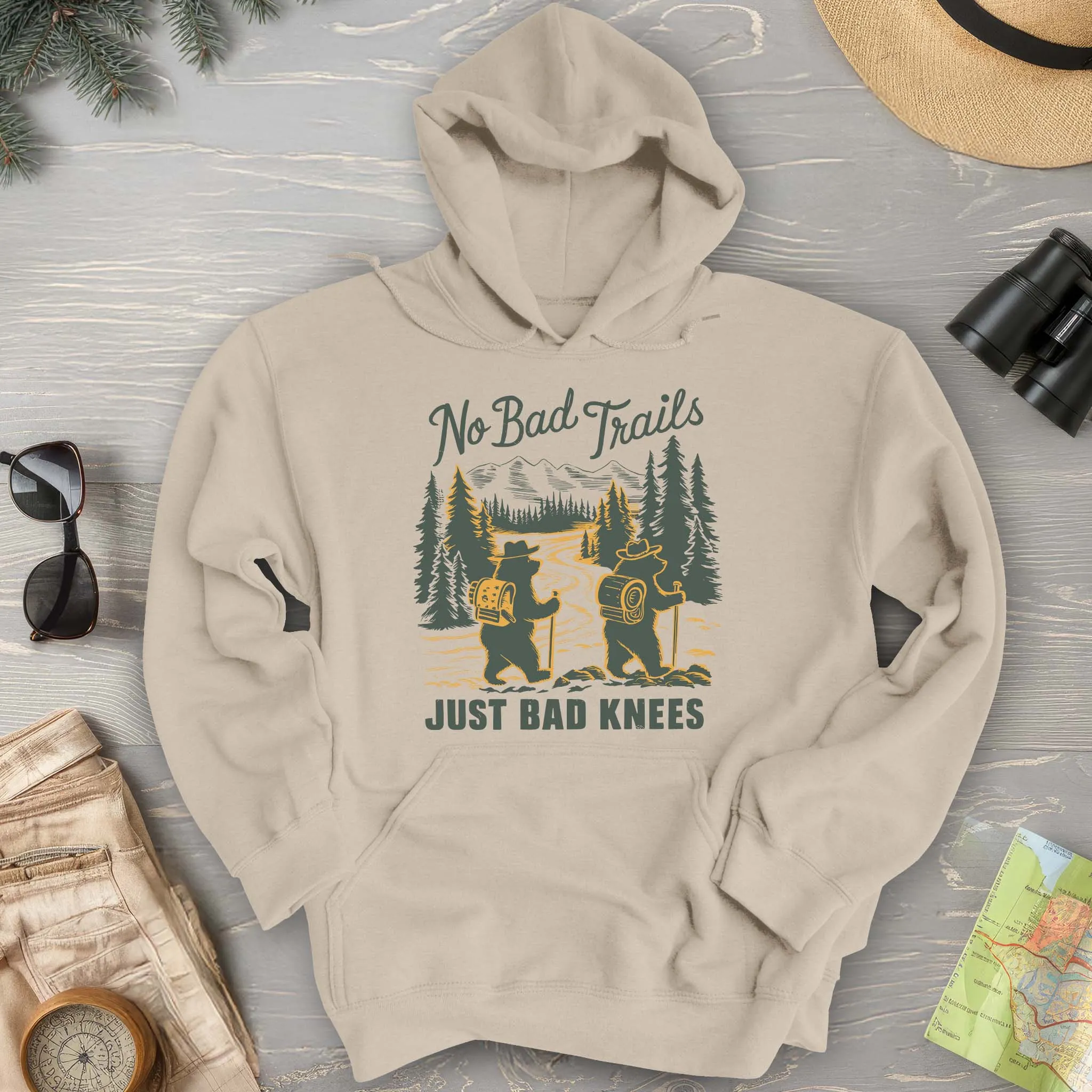 No Bad Trails Just Bad Knees Funny Hiking Hoodie