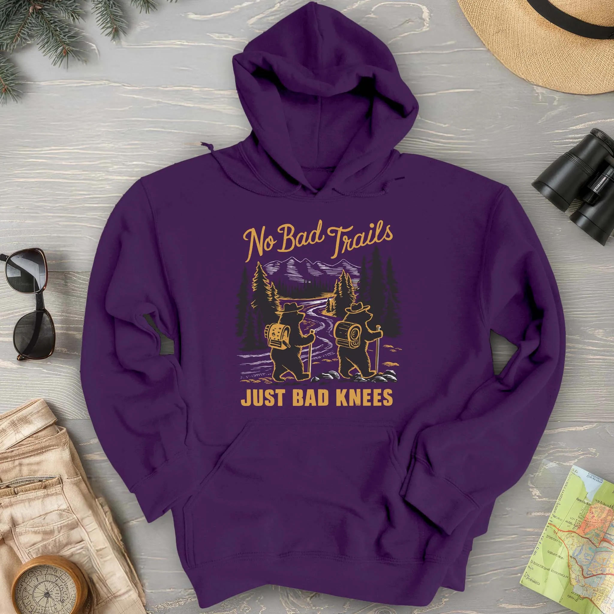 No Bad Trails Just Bad Knees Funny Hiking Hoodie