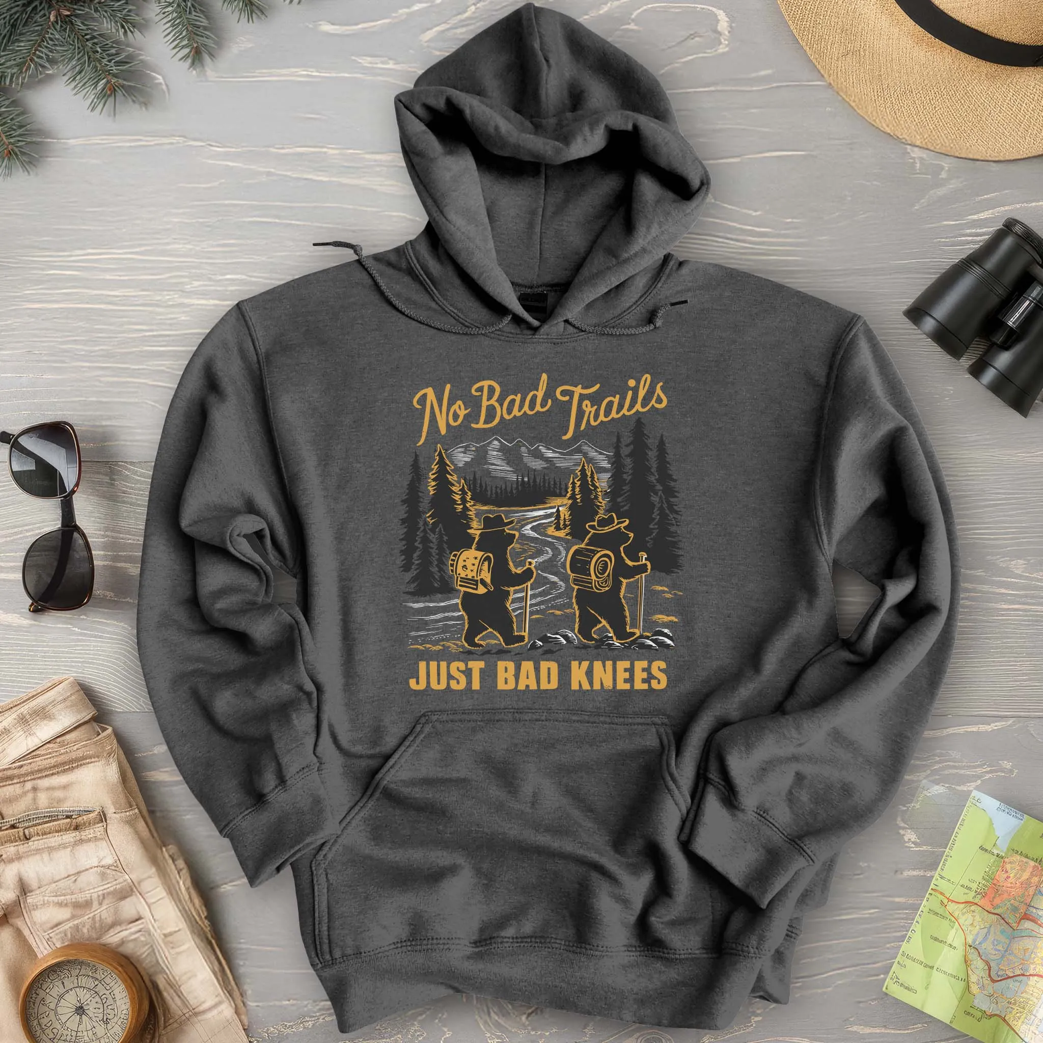 No Bad Trails Just Bad Knees Funny Hiking Hoodie