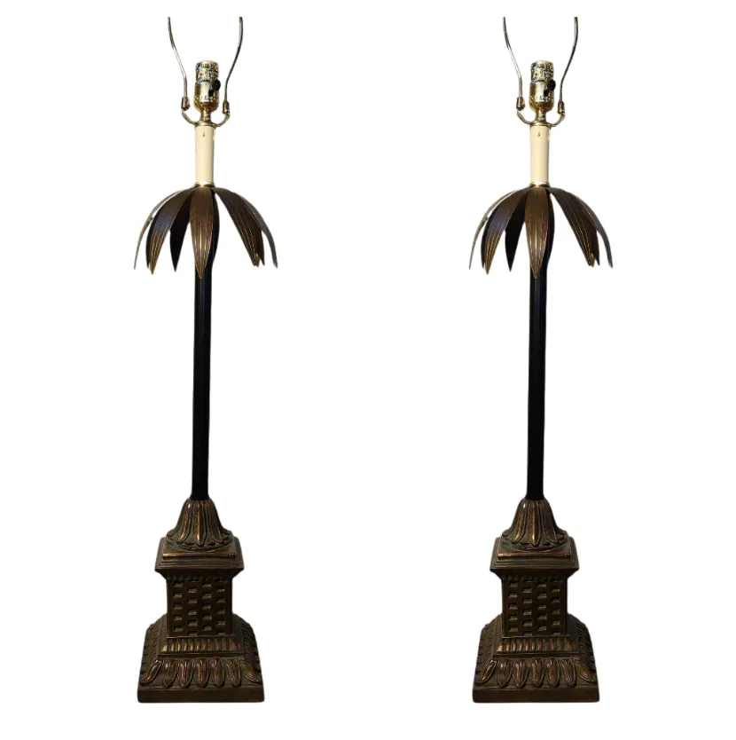 Table Lamp Palm Tree Design, Bronze, Pair
